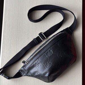 Gucci Black large GG Embossed Leather Belt Bag